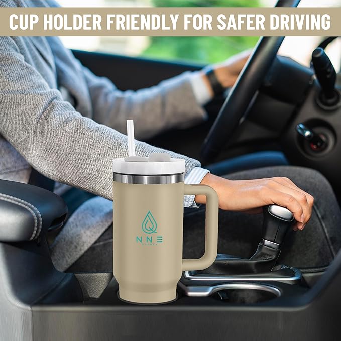 40oz stainless Steel Insulated Tumbler with Handle, lid and straw for cold water, Iced tea, or coffee - 100% Leak-Proof - Cupholder Friendly Travel Mug- Gifts for Women Men Him Her (Brown)