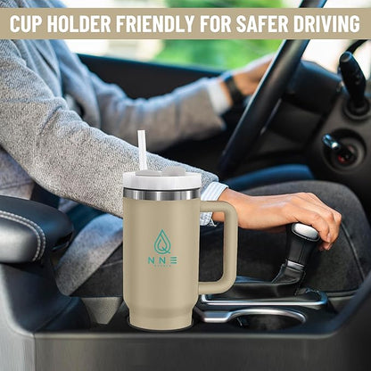 40oz stainless Steel Insulated Tumbler with Handle, lid and straw for cold water, Iced tea, or coffee - 100% Leak-Proof - Cupholder Friendly Travel Mug- Gifts for Women Men Him Her (Brown)