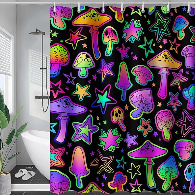 AILONEN Cute Mushroom Window Curtain for Kids,Star Purple Mushroom Curtain for Bathroom Decor,Gradient Mushroom Polyester Waterproof with 12 Plastic Hooks 36" W*72" H