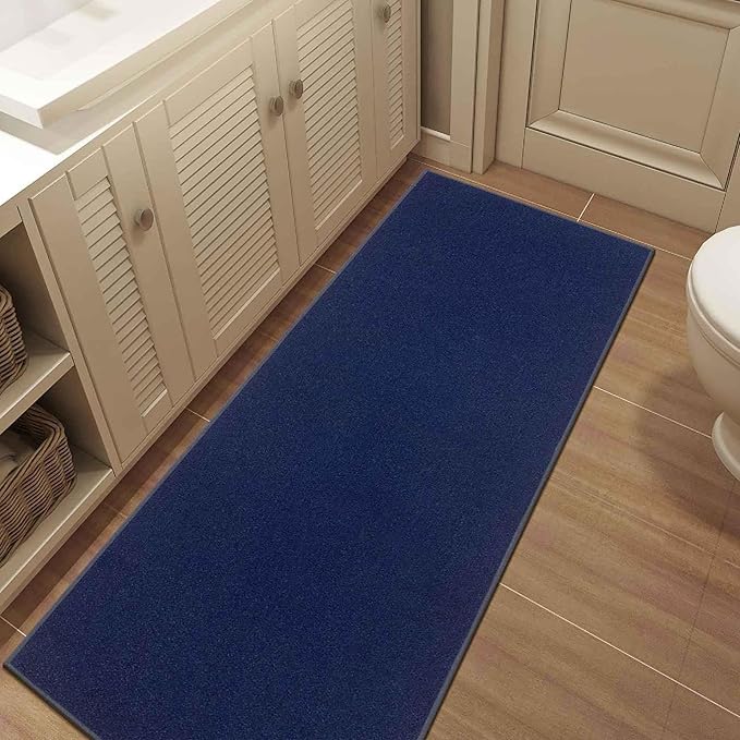 Machine Washable Modern Solid Design Non-Slip Rubberback 2x5 Traditional Runner Rug for Hallway, Kitchen, Bedroom, Entryway, 20" x 59", Navy