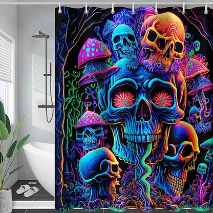 AILONEN Mushroom Skull Shower Curtain for Bathroom,Purple Mushroom Skull Bath Curtain,Fantasy Fairy Skull Skeleton Decoration Bathroom Waterproof Shower Curtain with 12 Plastic Hooks, 72" W*84" H
