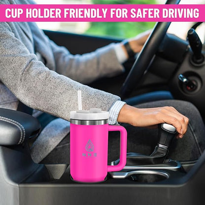 40oz stainless Steel Insulated Tumbler with Handle, lid and straw for cold water, Iced tea, or coffee - 100% Leak-Proof - Cupholder Friendly Travel Mug- Gifts for Women Men Him Her (Pink)