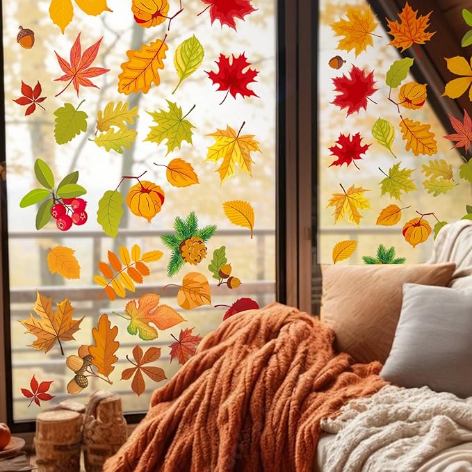 Fall Maple Leaf Window Clings for Glass Windows Autumn Window Static Stickers Double-Sided Leaves Cone Hazelnut Window Door Cling Removable Reusable Stickers Thanksgiving Window Door Decoration