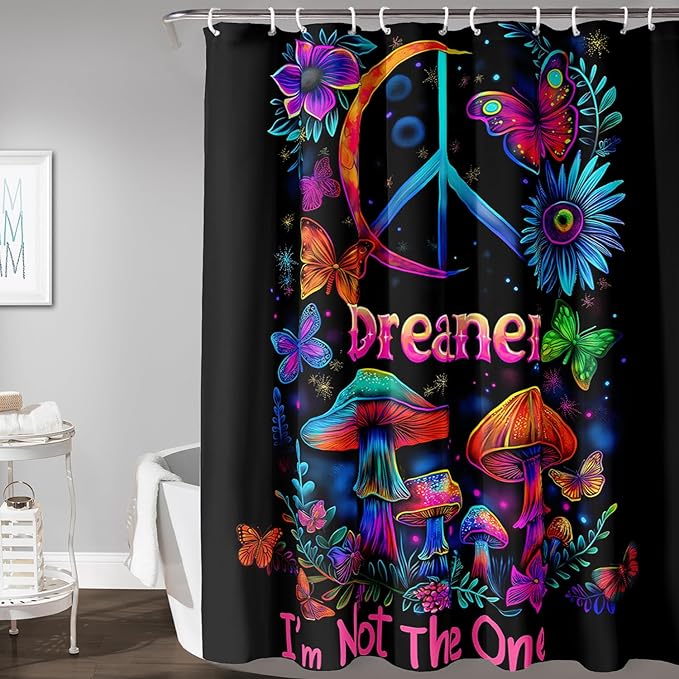 AILONEN Mushroom Shower Curtain for Bathroom,Butterfly Flower Design,Polyester Fabric,Waterproof,Blue Purple Fungus Plants Black Bath Curtains Washable,with 12 Plastic Hooks, 48" W x 72" H