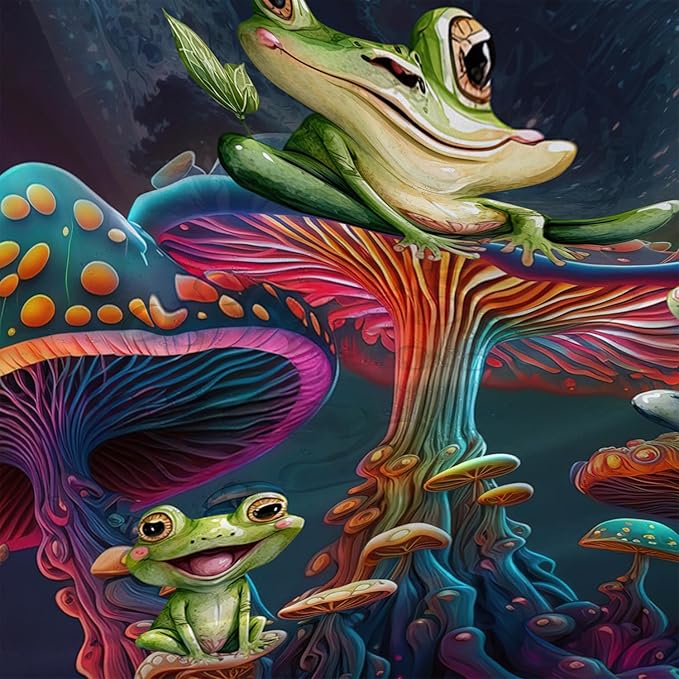 AILONEN Frog Mushroom Shower Curtain Cartoon Animal Wildlife Frog Mystic Black Sky Red Mushroom Minimalist Modern Art Shower Curtain Bathroom Decor Curtains with 12 Hooks,Green 72" W*84" H
