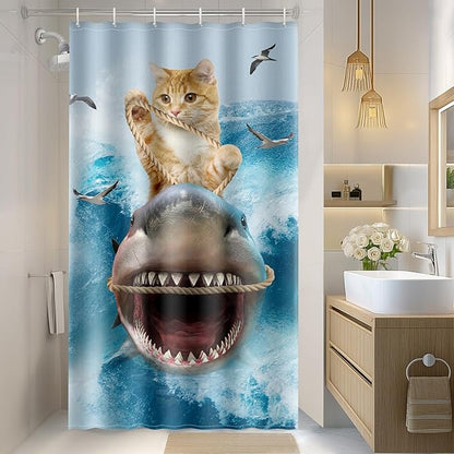 Aimego Stall Small Shower Curtain - Funny Cute Cool Cat Riding Shark Ocean Wave Fun Narrow Half Fabric Cloth Shower Curtain Set for Adults Kids Bathroom Decor Accessories Bath Curtain, 36"x72"