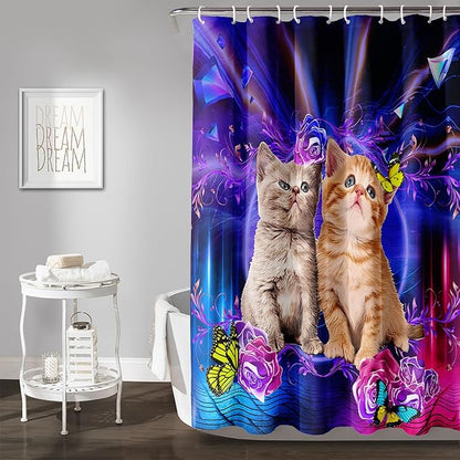 AILONEN 3D Cat Shower Curtain,Cute Kitten Shower Curtain Set for Kids Boys Girls,Cat Lovers Animal Shower Curtain for Bathroom,Rose with Butterfly Bath Curtain with Hooks,36" W*72" H