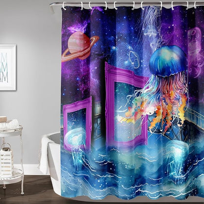 AILONEN Colorful Jellyfish Shower Curtains,Purple Galaxy Bath Curtains,Planet Jellyfish Curtains for Kids Boys Girls,Polyester Waterproof for Bathroom with 12 Hooks,72" W*78" H Purple