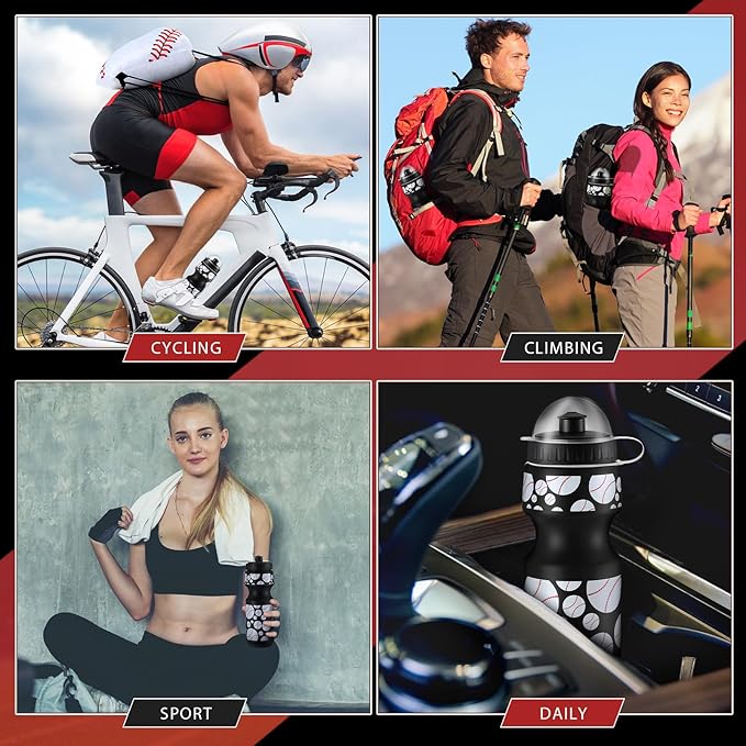 24 Pcs 24 oz Baseball Water Bottle Bulk and Drawstring Bag Set 12 Reusable Plastic Biking Water Bottle Tumbler 12 Sport Gym Goodie Gift Bag for Party Favor (Black)