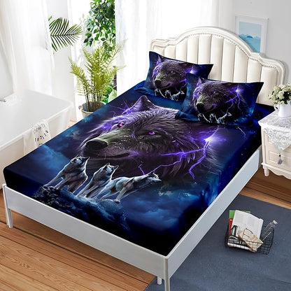 AILONEN Wolf Fitted Sheet Set Queen Size, Black Wolf Lightning Howling Wolf Bed Sheet Set for Boys,Wildlife Soft 3D Printed Fitted Sheet with 2 Pillowcases,3 Pieces