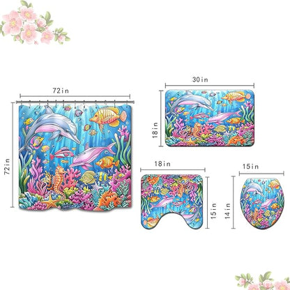 4PCS Fish Shower Curtain Set with 12 Hooks for Bathroom Sets Fish Decor, Non-Slip Rugs and Toilet Mat Lid Rug, Durable Waterproof for Bathroom Ocean Underwater World Fish Decor 72x72 Inch