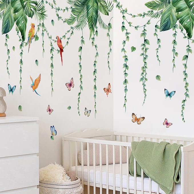 Removable Tropical Leaves Wall Decals Vinyl Hanging Vines Green Plants Wall Stickers Peel and Stick Jungle Safari Mural Art Decor for Nursery Classroom Bedroom Office Sofa Background