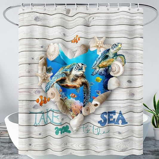 AILONEN 3D Printed Sea Turtle Shower Curtain, Ocean Coast Wooden Style Bathroom Curtain,Shell Turtle Bath Curtain 48" W*72" H Polyester Waterproof Bathroom Curtain with 12 Hooks