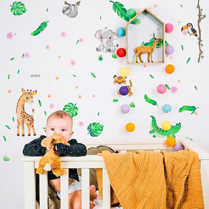 Safari Animal Wall Decals for Kids by Lipastick - Jungle Animal Wall Stickers for Kids Baby Girl Boy Room - Creative Nursery Vinyl Wall Decal - Elephant Giraffe Crocodile Parrot Koala S Size