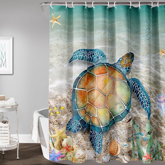AILONEN Sea Turtle Shower Curtain,Beach Ocean Turtle Bath Curtain with 12 Plastic Hooks,Sea Animal Coast Shell Print Bath Curtain Polyester Waterproof 48" W*72" H