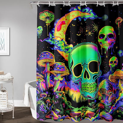 AILONEN Mushroom Skull Shower Curtain for Bathroom, Green Starry Moon Skull Bath Curtain,Fantasy Fungus Skeleton Decor Bathroom Waterproof Curtain with 12 Plastic Hooks, 72" W*84" H