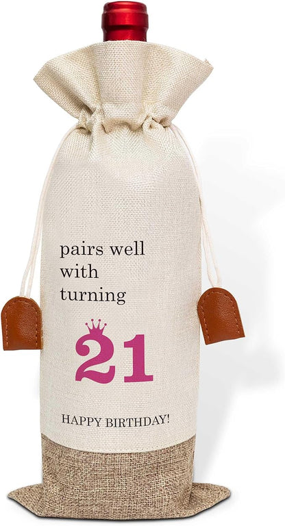 21th Birthday Wine Bag, Cotton Linen Wine Gift Bag With Drawstring, Wine Champagne Bottle Gift Bag, 21st Birthday Gifts Wine Bag for Woman Her Girl Friend Sister, 21th Birthday Party Favors-33