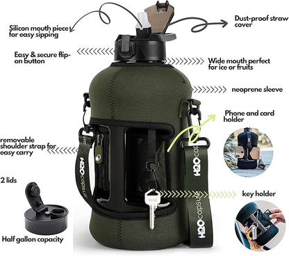 H2O Capsule 2.2L Half Gallon Water Bottle with Storage Sleeve and Covered Straw Lid – BPA Free Large Reusable Drink Container with Handle - Big Sports Jug, 2.2 Liter (74 Ounce)
