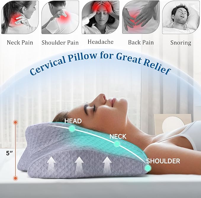 Cervical Pillow for Head & Neck Support - Memory Foam Cervical Neck Pillow with Two Height Levels, Washable Pillowcase, Ergonomic Pillows for Bed for Side Back Stomach Sleepers