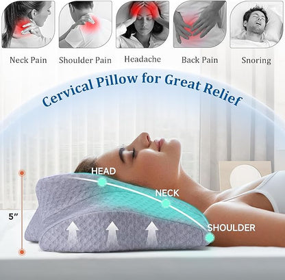 Cervical Pillow for Head & Neck Support - Memory Foam Cervical Neck Pillow with Two Height Levels, Washable Pillowcase, Ergonomic Pillows for Bed for Side Back Stomach Sleepers