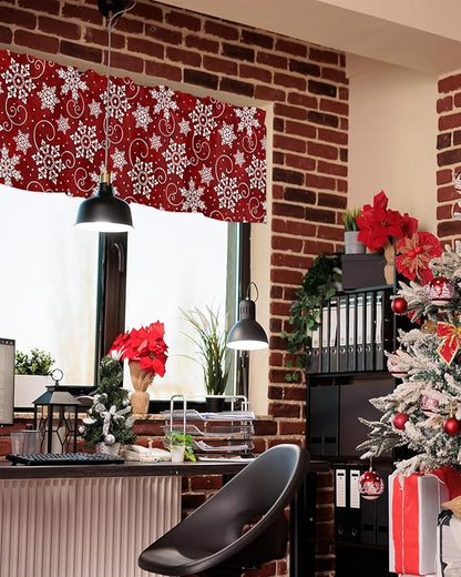 Christmas Valance Curtains for Kitchen Windows Red White Snowflakes Pattern Rod Pocket Window Treatment Toppers for Kitchen/Living Room/Bedroom/Bathroom, 54" X 18", Winter