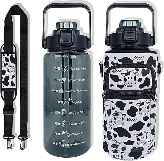 64 oz Water Bottle with Straw Sleeve & Strap Motivational Half Gallon Water Jug with Handle for Gym Women Men Aesthetic Water Bottle with Strap