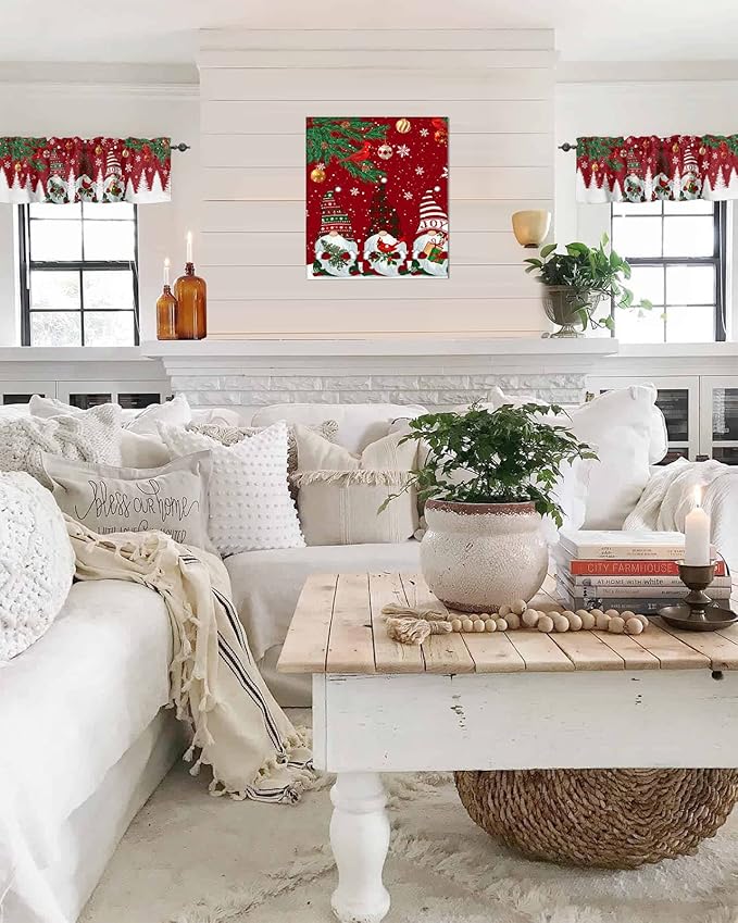 Christmas Gnomes Kitchen Curtains Valances for Windows Red Winter Holidays Rod Pocket Window Treatment for Kitchen /Living Room/Bedroom/ Bathroom,42" X 12" -1 Panel, White Snowflakes Xmas Trees