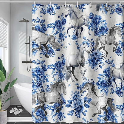 AILONEN Blue Floral Horse Shower Curtain,Farm Animal Printed Galloping Horse Bath Curtain,Minimalist Flower Girls Women Bathroom Curtain Decor, 72" W x 72" H
