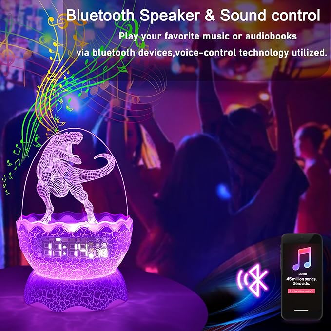 Musical Dino Night Lights, Dinosaur Egg Night Light for Kids, Bluetooth Speaker & White Noise Mahine for Baby, 16 Colors Lighting & 4 Changing Modes, Cool Art & Craft Décor