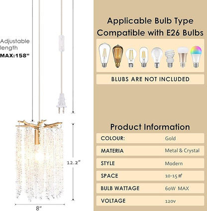 MO&OK Plug in Crystal Chandelier 3 Light with 15Ft Cord Modern Pendant Light for Bedroom Mini Antler Hanging Lamp for Kitchen Island Dinning Bedrooms and Hallway