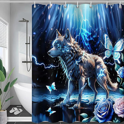 AILONEN Lightning Wolf Shower Curtain for Bathroom,3D Print Glowing Wolf Print Bath Curtain for Boys Men Kids,Raining Wolf Waterproof Bathroom Decor Blue Curtain with 12 Plastic Hooks, 72" W*72" H