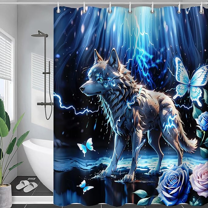 AILONEN Lightning Wolf Shower Curtain for Bathroom,3D Print Glowing Wolf Print Bath Curtain for Boys Men Kids,Raining Wolf Waterproof Bathroom Decor Blue Curtain with 12 Plastic Hooks, 36" W*72" H