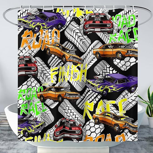 AILONEN Racing Car Shower Curtain for Bathroom Decor,Cool Racer Bath Curtain for Kids Boys Teens,Graffiti Printed Curtain Waterproof with 12 Plastic Hooks, 36" W x 72" H