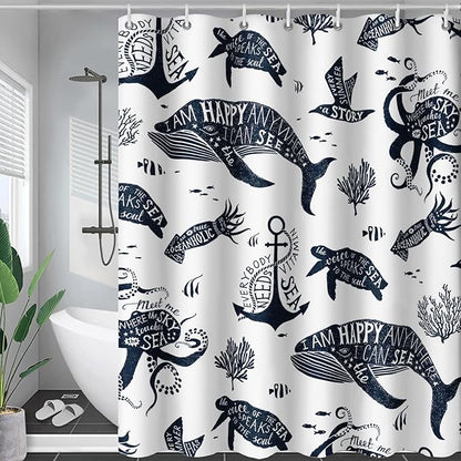 AILONEN Whale Shower Curtain Cartoon Gull Sea Turtle Octopus Bath Curtain Ocean Animal Blue Printed Shower Curtain 60" W*72" H Minimalist Bathroom Curtain Polyester Waterproof Curtain with 12 Hooks