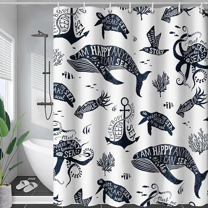 AILONEN Whale Shower Curtain Cartoon Gull Sea Turtle Octopus Bath Curtain Ocean Animal Blue Printed Shower Curtain 72" W*72" H Minimalist Bathroom Curtain Polyester Waterproof Curtain with 12 Hooks