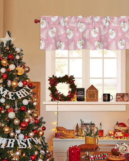 Pink Christmas Valance Curtains for Kitchen Windows Santa Claus Merry Christmas Tree Rod Pocket Window Treatment Toppers for Kitchen/Living Room/Bedroom/Bathroom, 42" X 12", Winter Snowflake