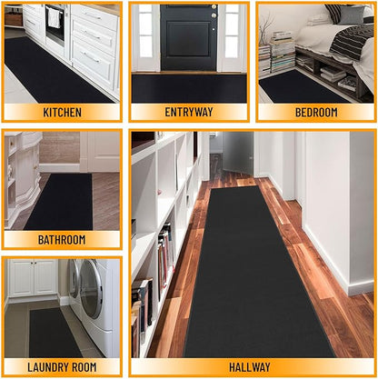 Machine Washable Modern Solid Design Non-Slip Rubberback 2x12 Traditional Runner Rug for Hallway, Kitchen, Bedroom, Living Room, 1'10" x 12', Black