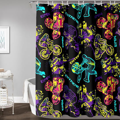 AILONEN Motocross Shower Curtain,Motorcycle Racer Bath Curtain,Extreme Sports Decoration,Colorful Graffiti Dirt Bike Shower Curtain for Kids Boys,Black Washable, 72" W x 78" H