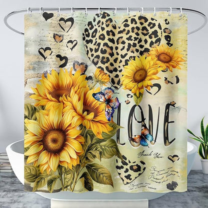 AILONEN Sunflower Waterproof Shower Curtain,Yellow Sunflower Bath Curtain for Girls Women,Romantic Hearts Butterfly Flower Bathroom Curtain with 12 Plastic Hooks, 48" W x 72" H