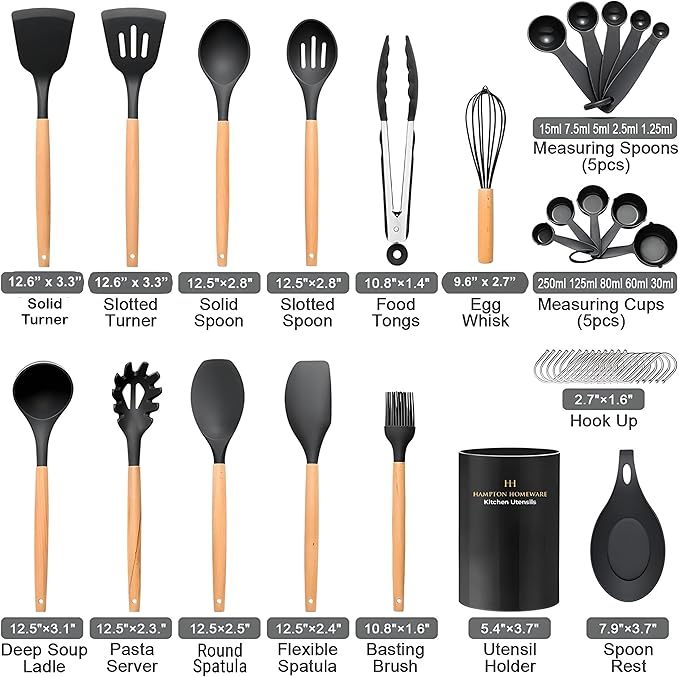 Kitchen Utensils Set, 33 pcs Non-Stick Silicone Cooking Utensils Set, Heat-Resistant Silicone, Wooden Utensils for Cooking, Kitchen Gadgets Spatula Set, Apartment Essentials Kitchen Set (Black)