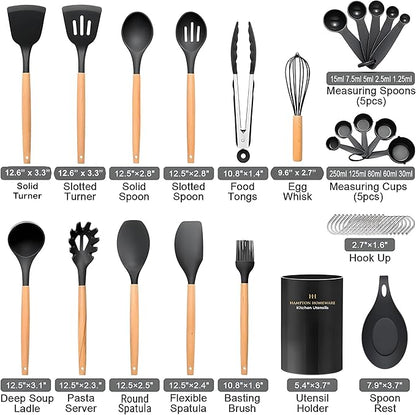 Kitchen Utensils Set, 33 pcs Non-Stick Silicone Cooking Utensils Set, Heat-Resistant Silicone, Wooden Utensils for Cooking, Kitchen Gadgets Spatula Set, Apartment Essentials Kitchen Set (Black)