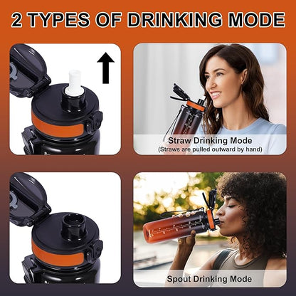 32 oz Water Bottle with Detachable Straw, Clear Motivational Water Bottles with Time to Drink, Tritan & BPA Free Sports Water Jug with Time Marker, Upgraded handle design