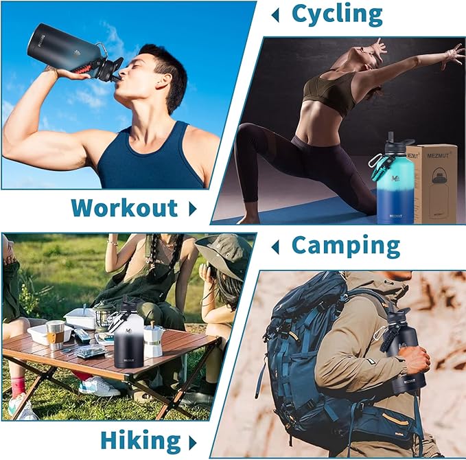 64oz Insulated Water Bottle with Paracord Handle,Half Gallon Water Bottle Jug with Straw & Spout Lids,Stainless Steel Sport Thermo Water Jug Leak-proof Keep Cold Hot for Outdoor Camping Hiking