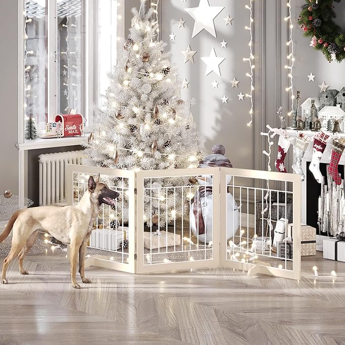 Folding No-Assembly Pet Gate 72" Wide, 30" Tall Wooden Dog Gate, Freestanding Wire Pet Gate, Pet Puppy Safety Fence, with 2PCS Support - Natural White