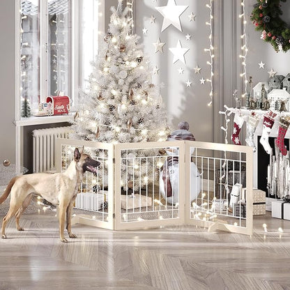 Folding No-Assembly Pet Gate 72" Wide, 30" Tall Wooden Dog Gate, Freestanding Wire Pet Gate, Pet Puppy Safety Fence, with 2PCS Support - Natural White
