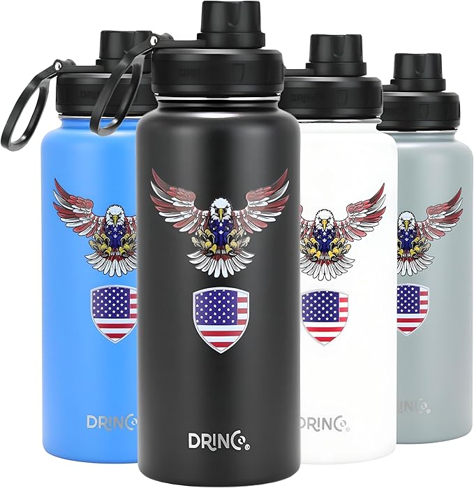 DRINCO Stainless Steel Water Bottle Spout Lid Vacuum Insulated Double Wall Water Bottle USA Flag Military Veteran (32oz Eagle Royal Blue, 32oz)