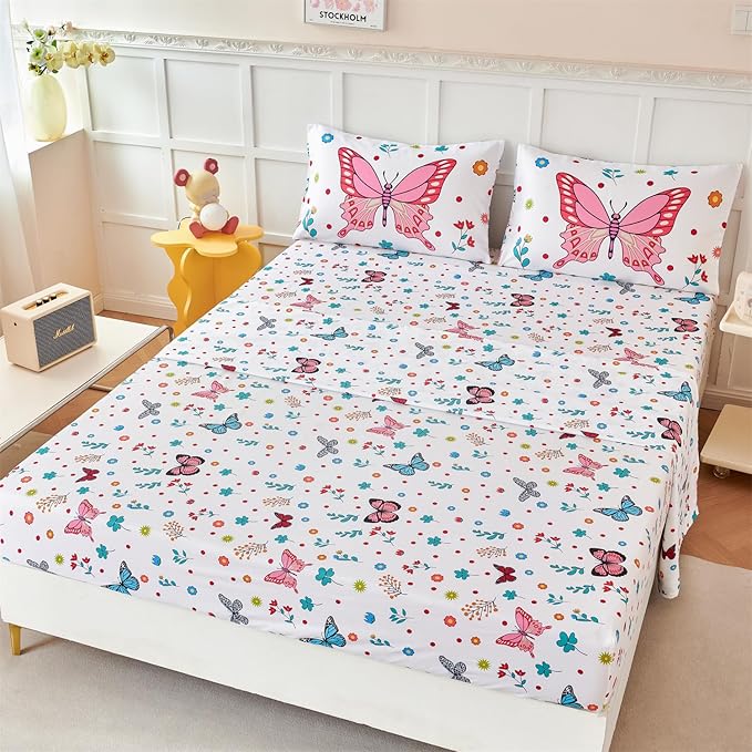 RYNGHIPY Girls Bed Sheets Twin: Butterfly Sheets Set for Girls Kids Bedsheets Deep Pocket 100% Microfiber Print Sheet Pillowcase Sets (Multicolor,Twin)