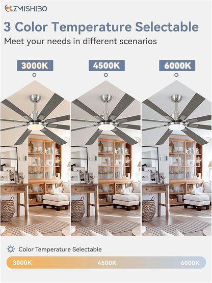 72 inch Brushed Nickel Modern Ceiling Fans with Lights and Remote, Indoor/Outdoor Ceiling Fan for Living Room Patio, 6 Speed Reversible Quiet DC Motor, 3 CCT, Dual Finish Blades