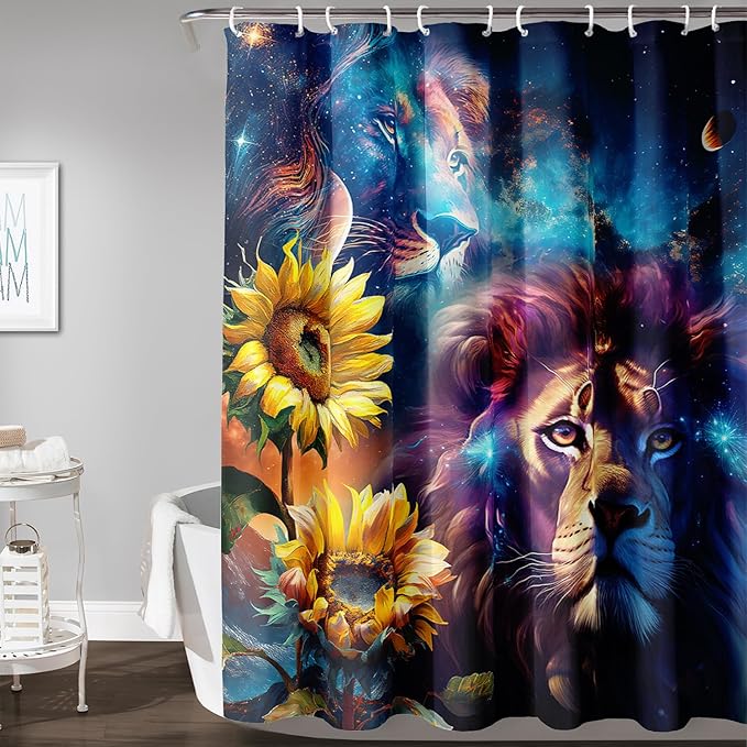 AILONEN Lion Shower Curtain for Kids Boys Teens,Galaxy Sunflower Lion Bath Curtain for Bathroom Decor,Modern Romantic Polyester Waterproof with 12 Plastic Hooks 72" W*72" H