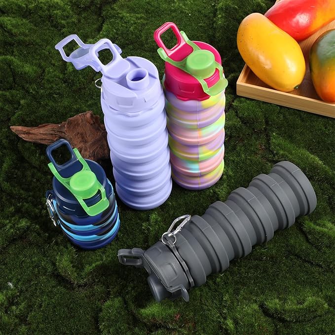 MAQUITA 4 Pcs Collapsible Water Bottles 16 oz Portable Foldable Water Bottles Silicone Leak Proof Travel Water Bottle Reusable Sports Water Bottle with Metal Clip for Camping Hiking Travel